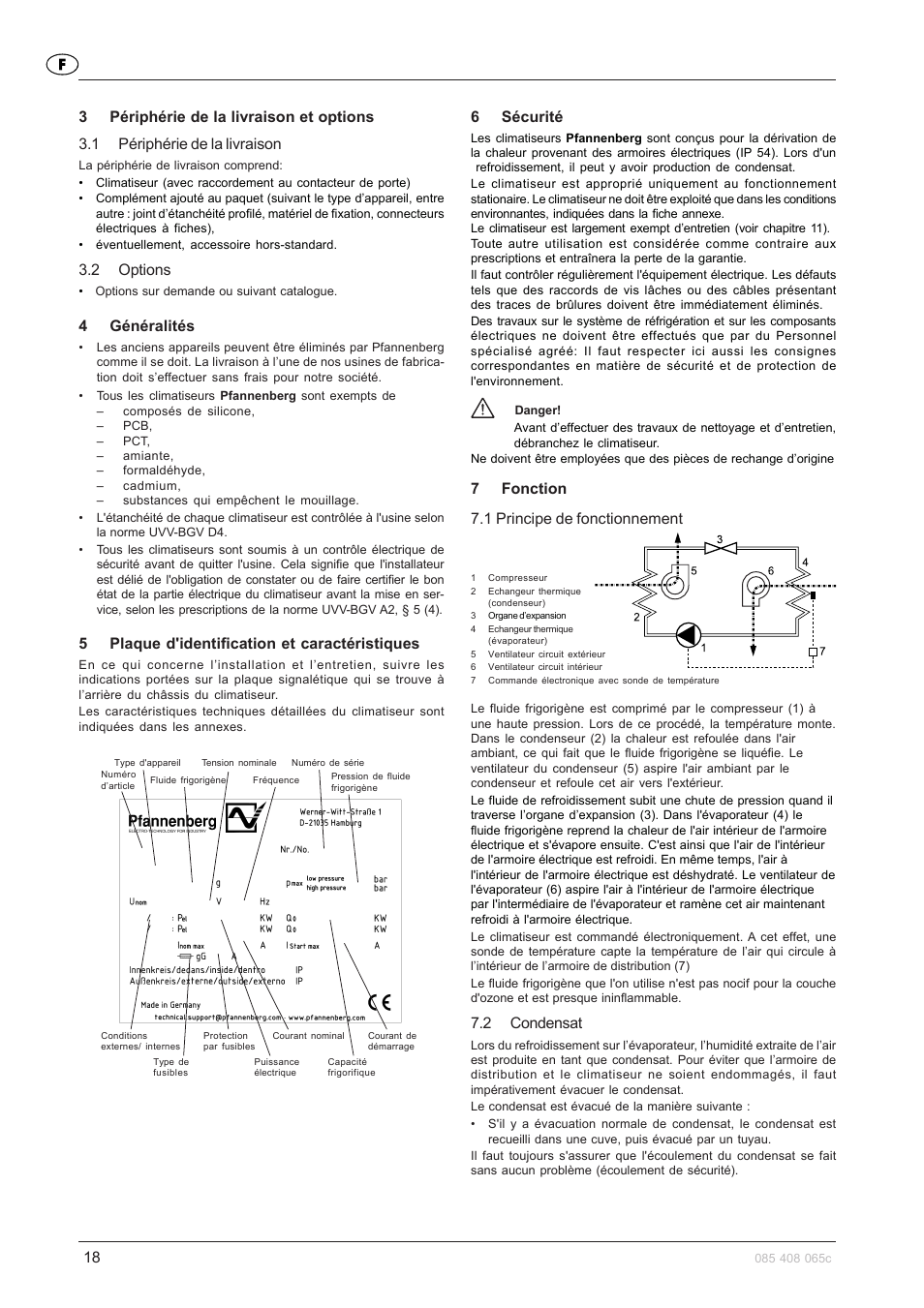 2 options, 4généralités, 5plaque d'identification et caractéristiques | 6sécurité, 7fonction 7.1 principe de fonctionnement, 2 condensat | Pfannenberg DTFI 9021 User Manual | Page 18 / 52
