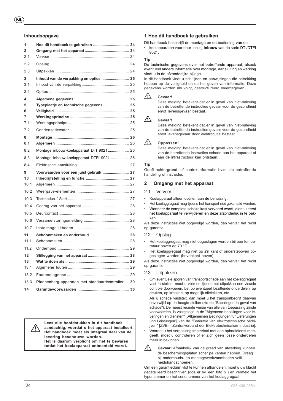 Inhoudsopgave, 1 hoe dit handboek te gebruiken, 2omgang met het apparaat 2.1 vervoer | 2 opslag, 3 uitpakken | Pfannenberg DTFI 9021 User Manual | Page 24 / 52