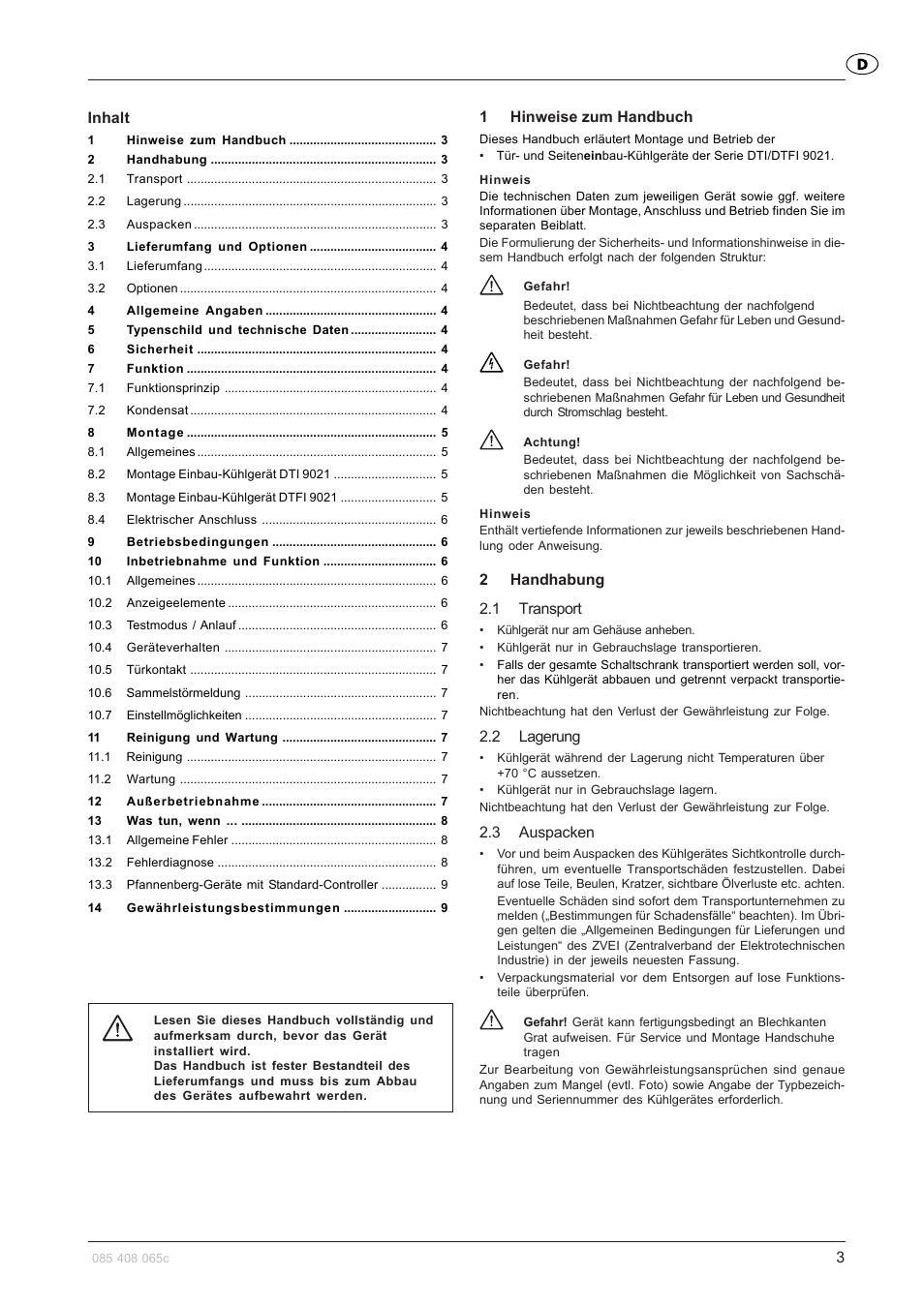 Inhalt, 1hinweise zum handbuch, 2handhabung 2.1 transport | 2 lagerung, 3 auspacken | Pfannenberg DTFI 9021 User Manual | Page 3 / 52