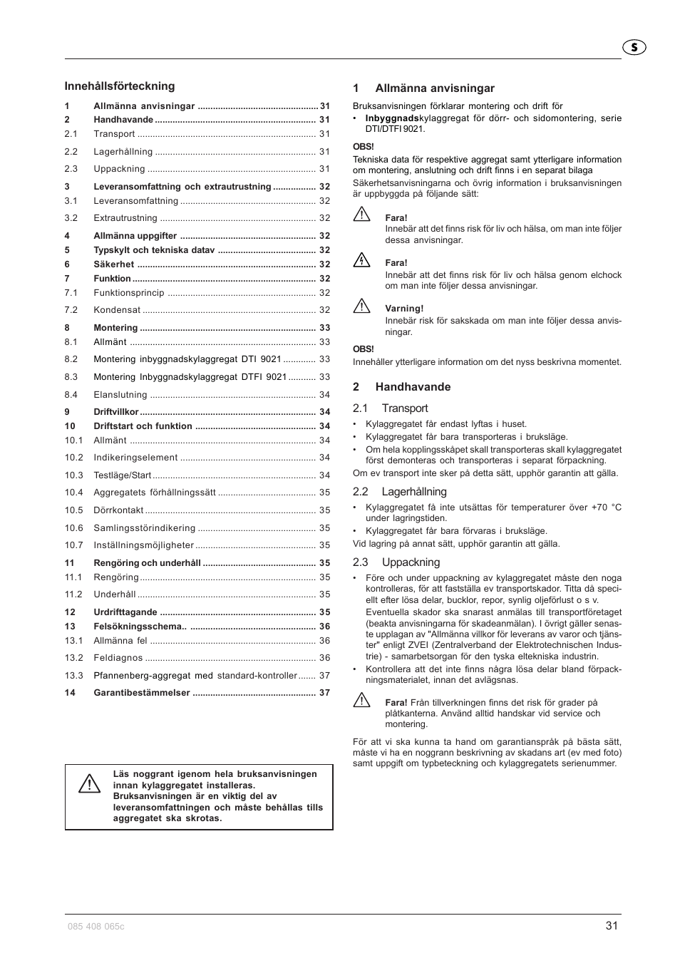 Innehållsförteckning, 1allmänna anvisningar, 2handhavande 2.1 transport | 2 lagerhållning, 3 uppackning | Pfannenberg DTFI 9021 User Manual | Page 31 / 52