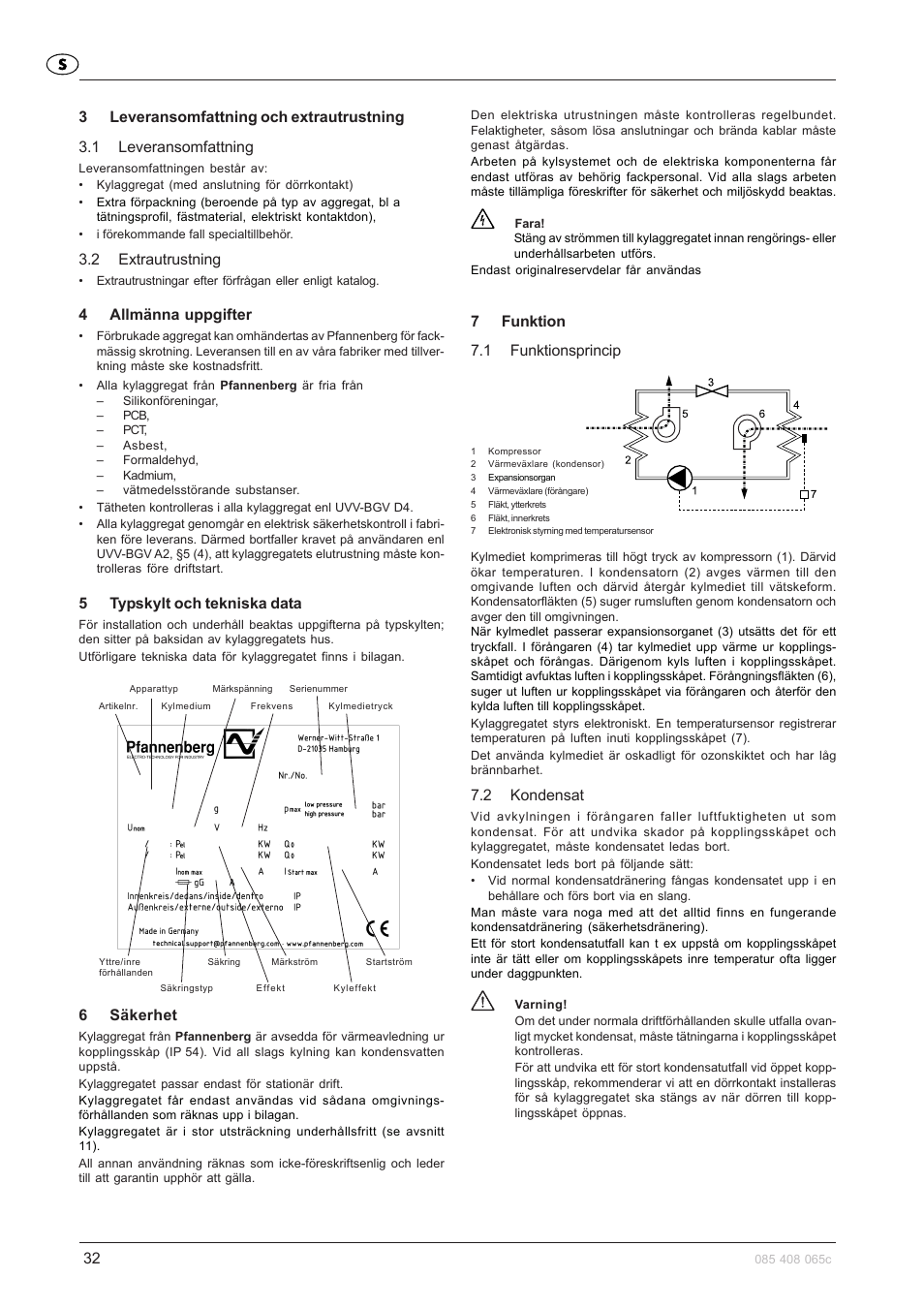 2 extrautrustning, 4allmänna uppgifter, 5typskylt och tekniska data | 6säkerhet, 7funktion 7.1 funktionsprincip, 2 kondensat | Pfannenberg DTFI 9021 User Manual | Page 32 / 52