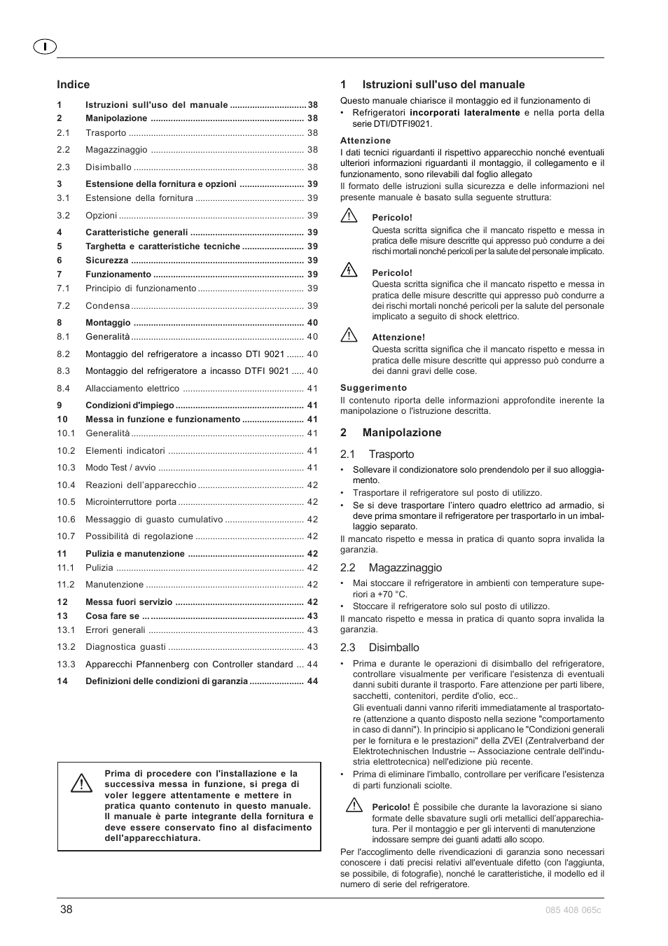 1istruzioni sull'uso del manuale, 2manipolazione 2.1 trasporto, 2 magazzinaggio | 3 disimballo, Indice | Pfannenberg DTFI 9021 User Manual | Page 38 / 52