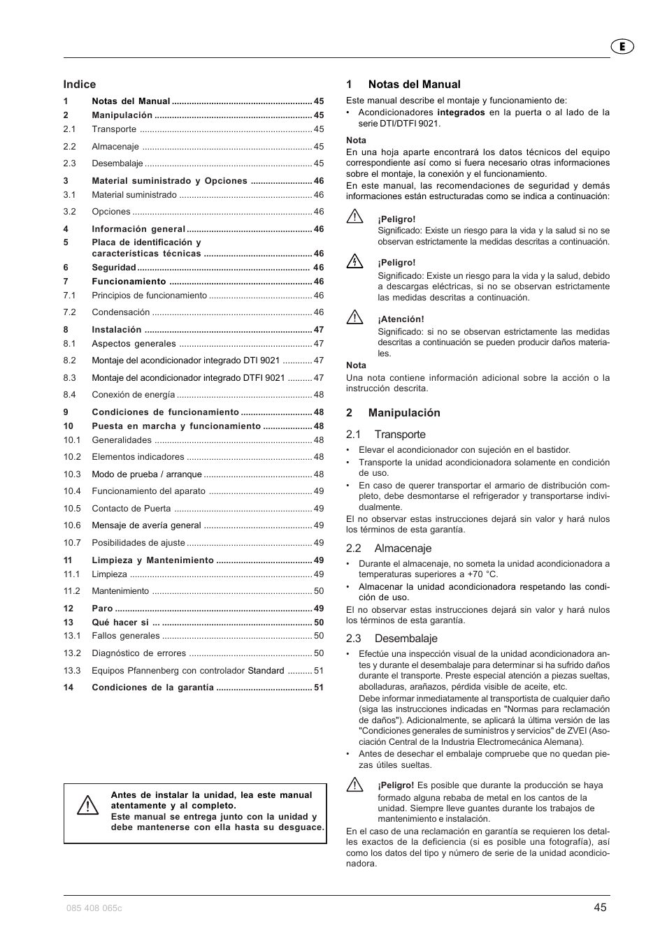 Indice, 1notas del manual, 2manipulación 2.1 transporte | 2 almacenaje, 3 desembalaje | Pfannenberg DTFI 9021 User Manual | Page 45 / 52