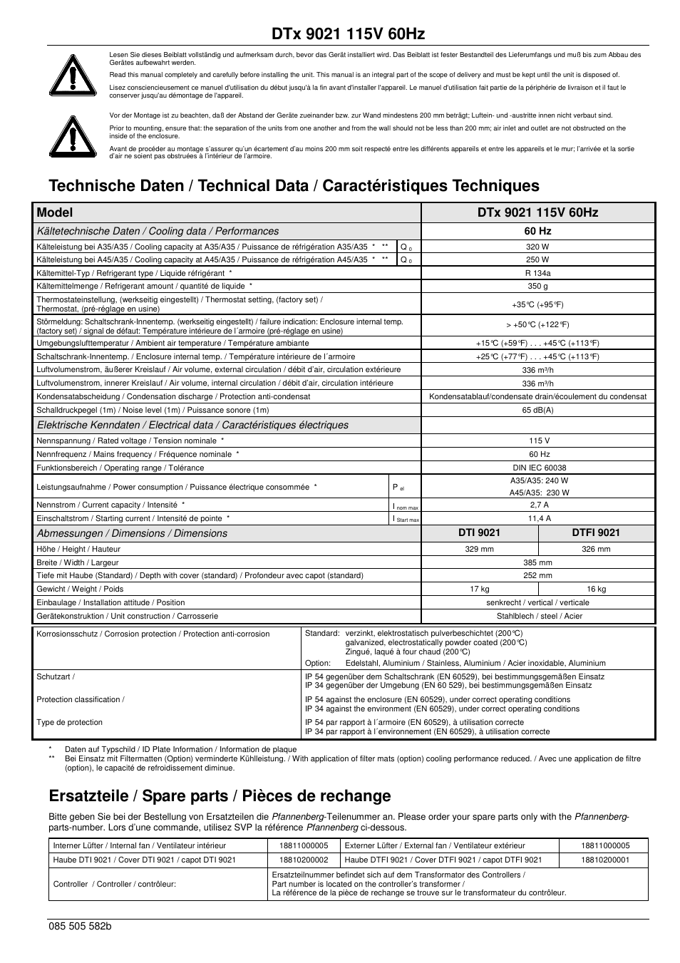 Ersatzteile / spare parts / pièces de rechange | Pfannenberg DTx 9021 115V 60Hz User Manual | Page 4 / 4