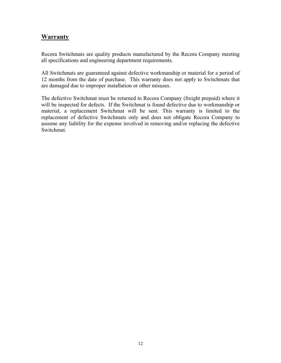 Warranty | Recora Neptune NF-2 Foot Switch User Manual | Page 12 / 13