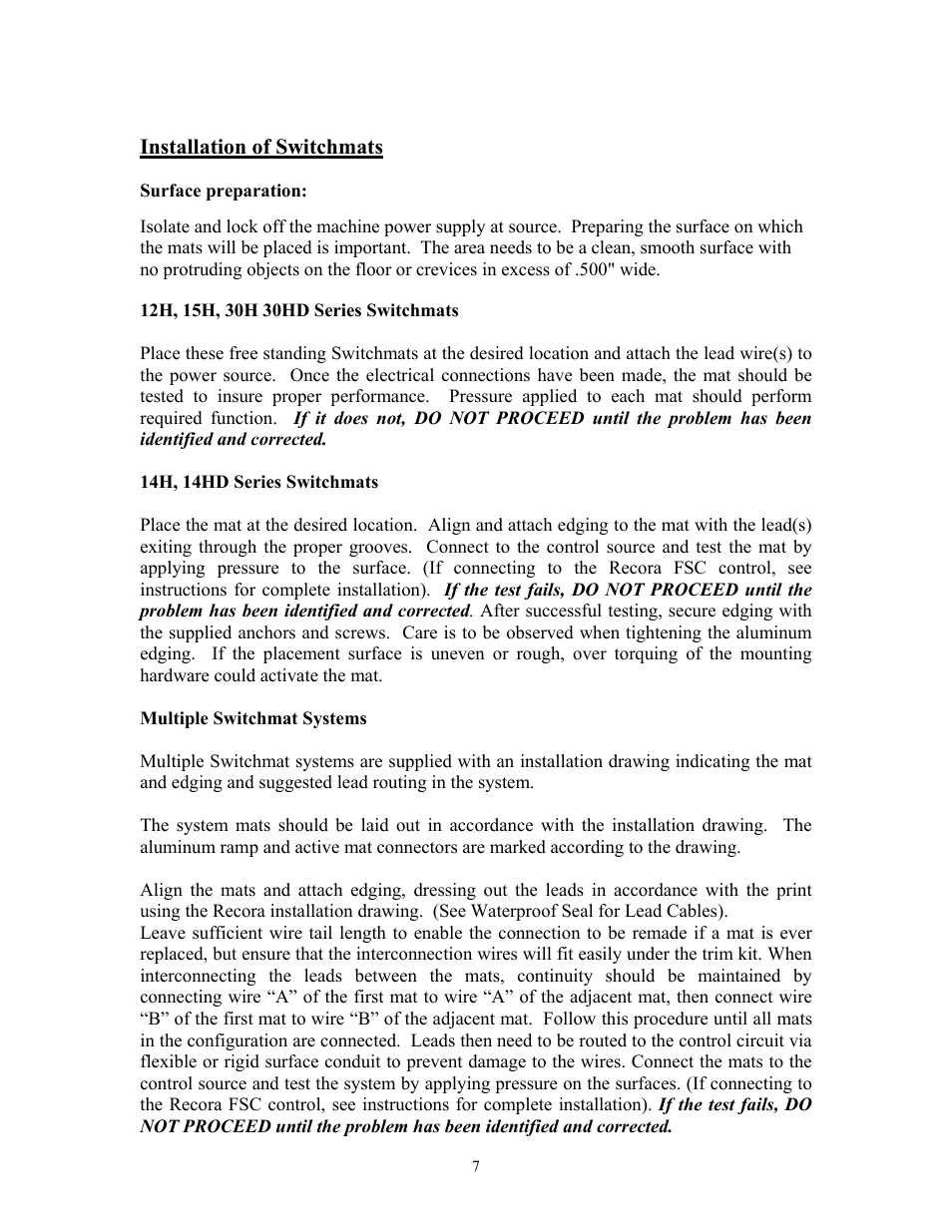 Installation of switchmats, 14h, 14hd series switchmats | Recora Neptune NF-2 Foot Switch User Manual | Page 7 / 13
