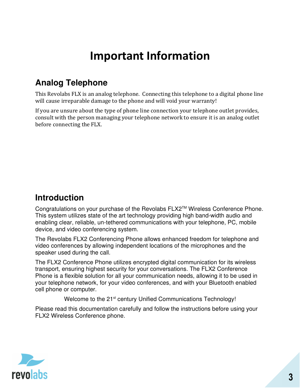 Important information, Analog telephone, Introduction | Revolabs FLX2 Advanced User Manual | Page 3 / 73