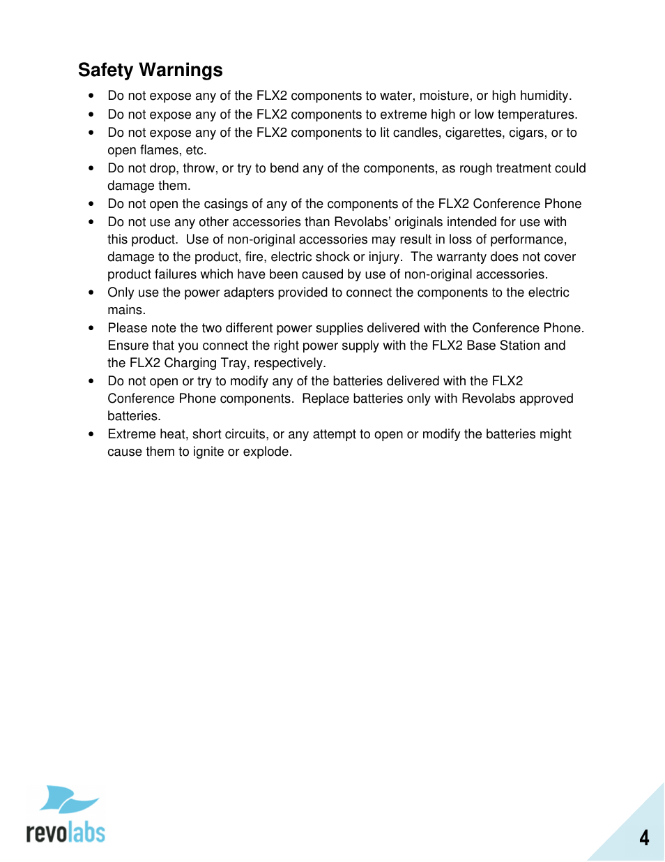 Safety warnings | Revolabs FLX2 Advanced User Manual | Page 4 / 73