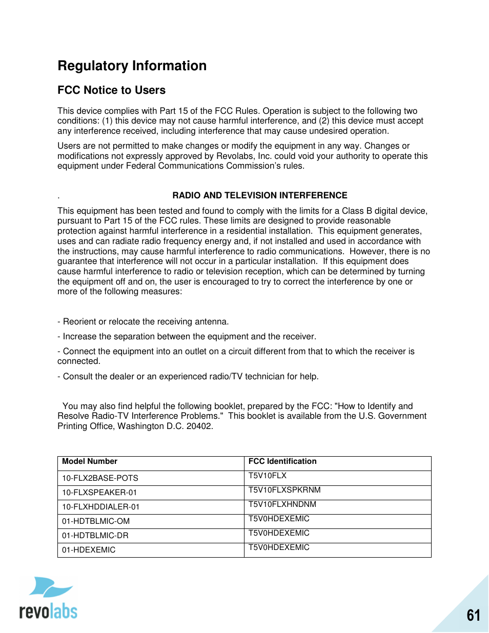 Regulatory information, Fcc notice to users | Revolabs FLX2 Advanced User Manual | Page 61 / 73