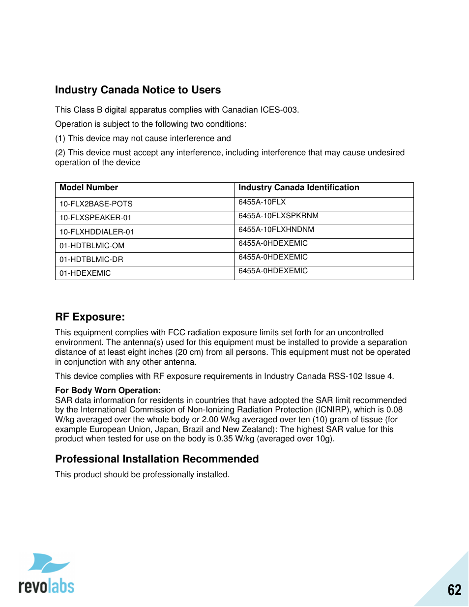 Industry canada notice to users, Rf exposure, Professional installation recommended | Revolabs FLX2 Advanced User Manual | Page 62 / 73
