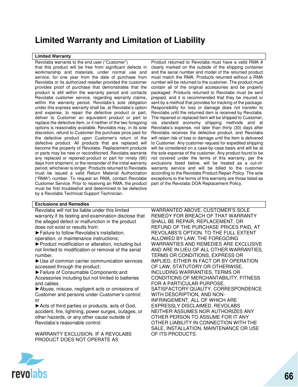 Limited warranty and limitation of liability | Revolabs FLX2 Advanced User Manual | Page 66 / 73