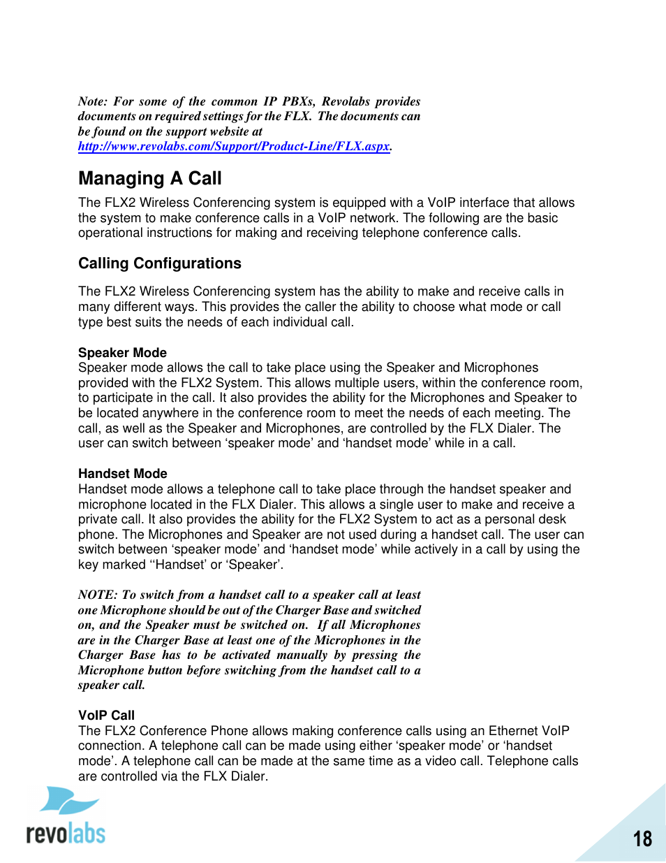 Managing a call | Revolabs FLX2 VoIP Advanced User Manual | Page 18 / 99