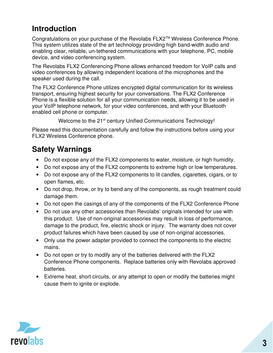 Introduction, Safety warnings | Revolabs FLX2 VoIP Advanced User Manual | Page 3 / 99