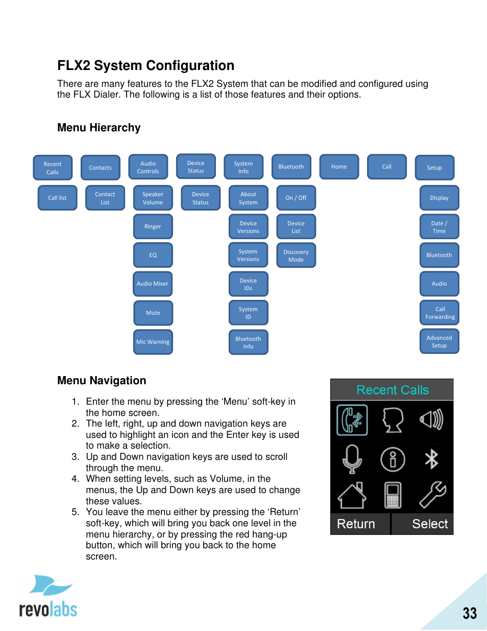 Flx2 system configuration, Menu hierarchy, Menu navigation | Revolabs FLX2 VoIP Advanced User Manual | Page 33 / 99