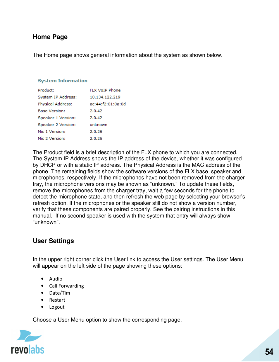 Revolabs FLX2 VoIP Advanced User Manual | Page 54 / 99