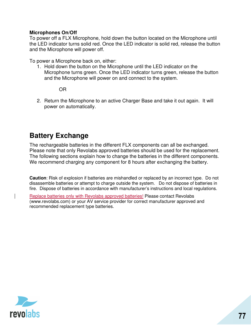 Battery exchange | Revolabs FLX2 VoIP Advanced User Manual | Page 77 / 99