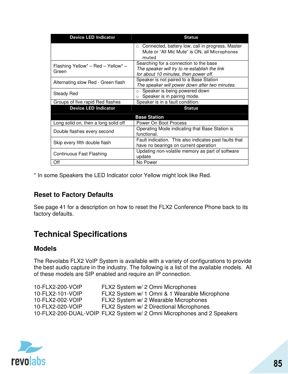 Technical specifications, Reset to factory defaults, Models | Revolabs FLX2 VoIP Advanced User Manual | Page 85 / 99