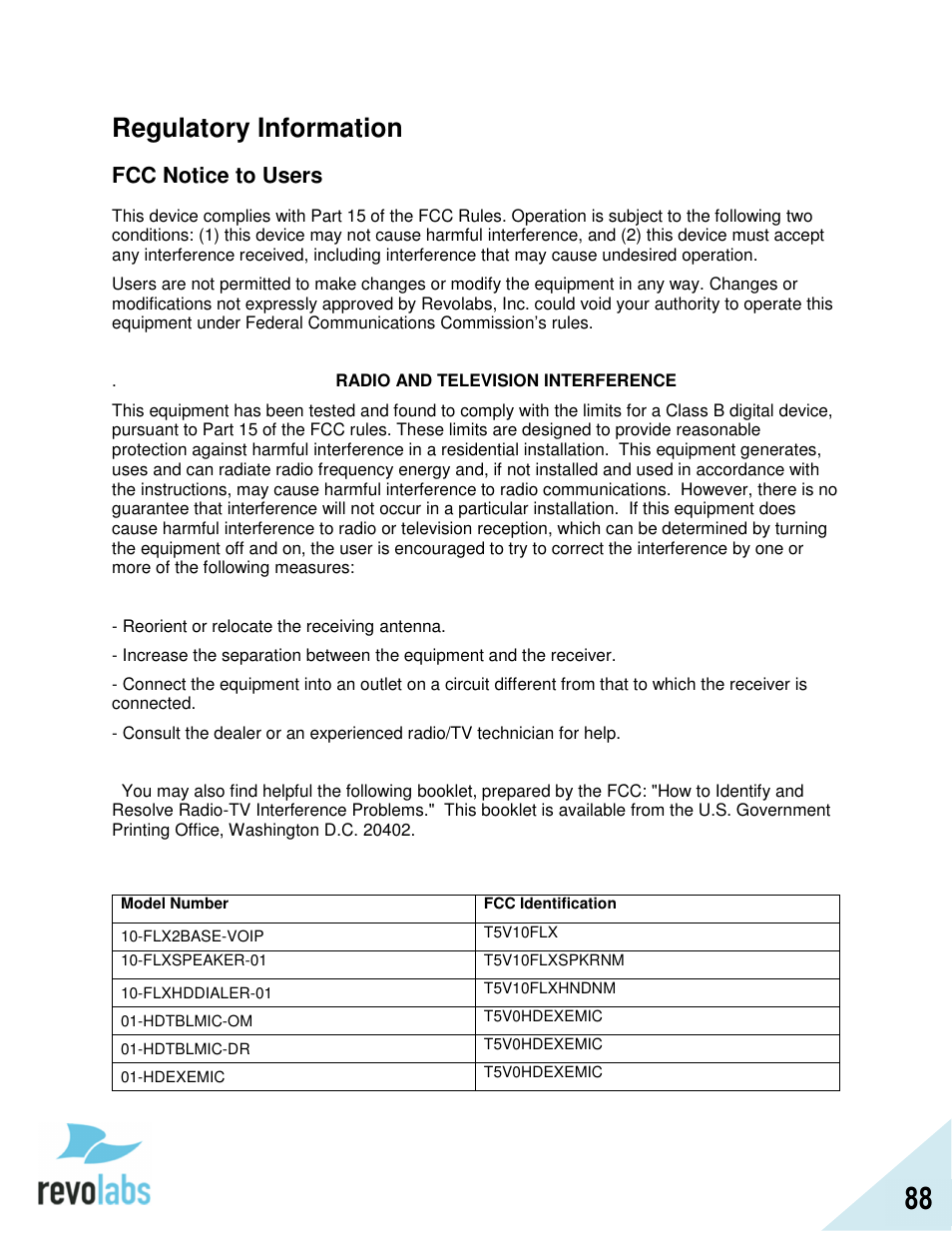 Regulatory information, Fcc notice to users | Revolabs FLX2 VoIP Advanced User Manual | Page 88 / 99