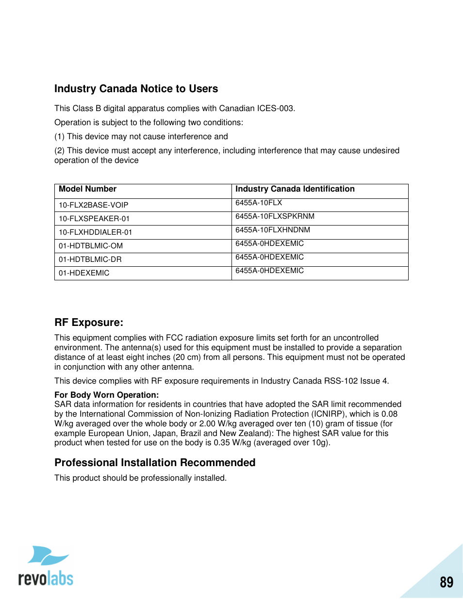 Industry canada notice to users, Rf exposure, Professional installation recommended | Revolabs FLX2 VoIP Advanced User Manual | Page 89 / 99