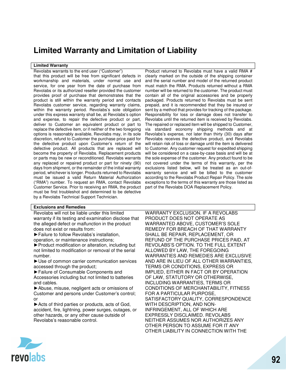 Limited warranty and limitation of liability | Revolabs FLX2 VoIP Advanced User Manual | Page 92 / 99