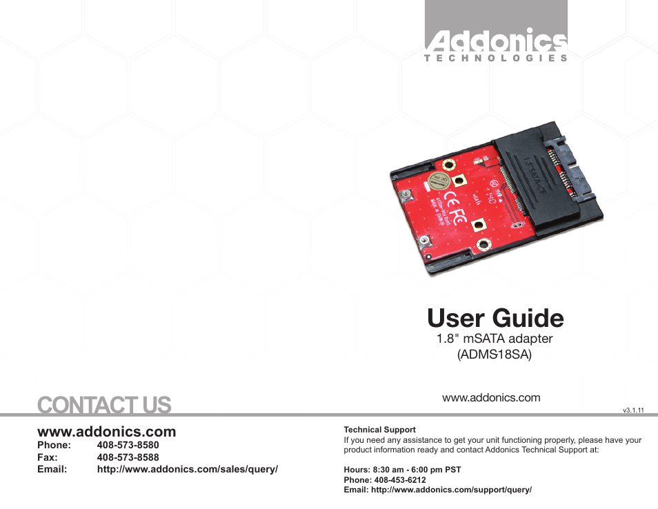 Addonics Technologies 1.8" MSATA ADAPTER ADMS18SA User Manual | 2 pages