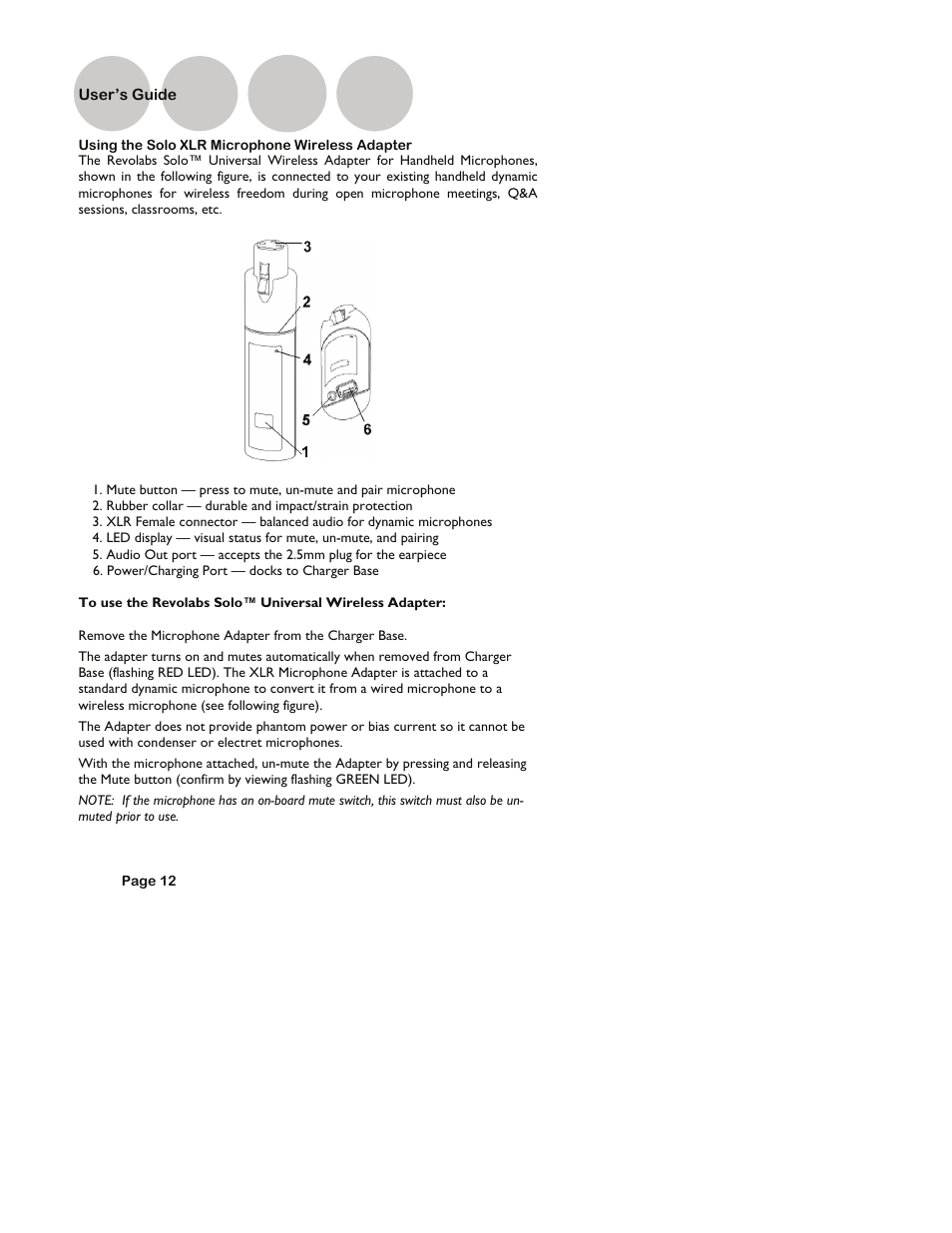 Using the solo xlr microphone wireless adapter, User’s guide | Revolabs Fusion User Guide User Manual | Page 12 / 15