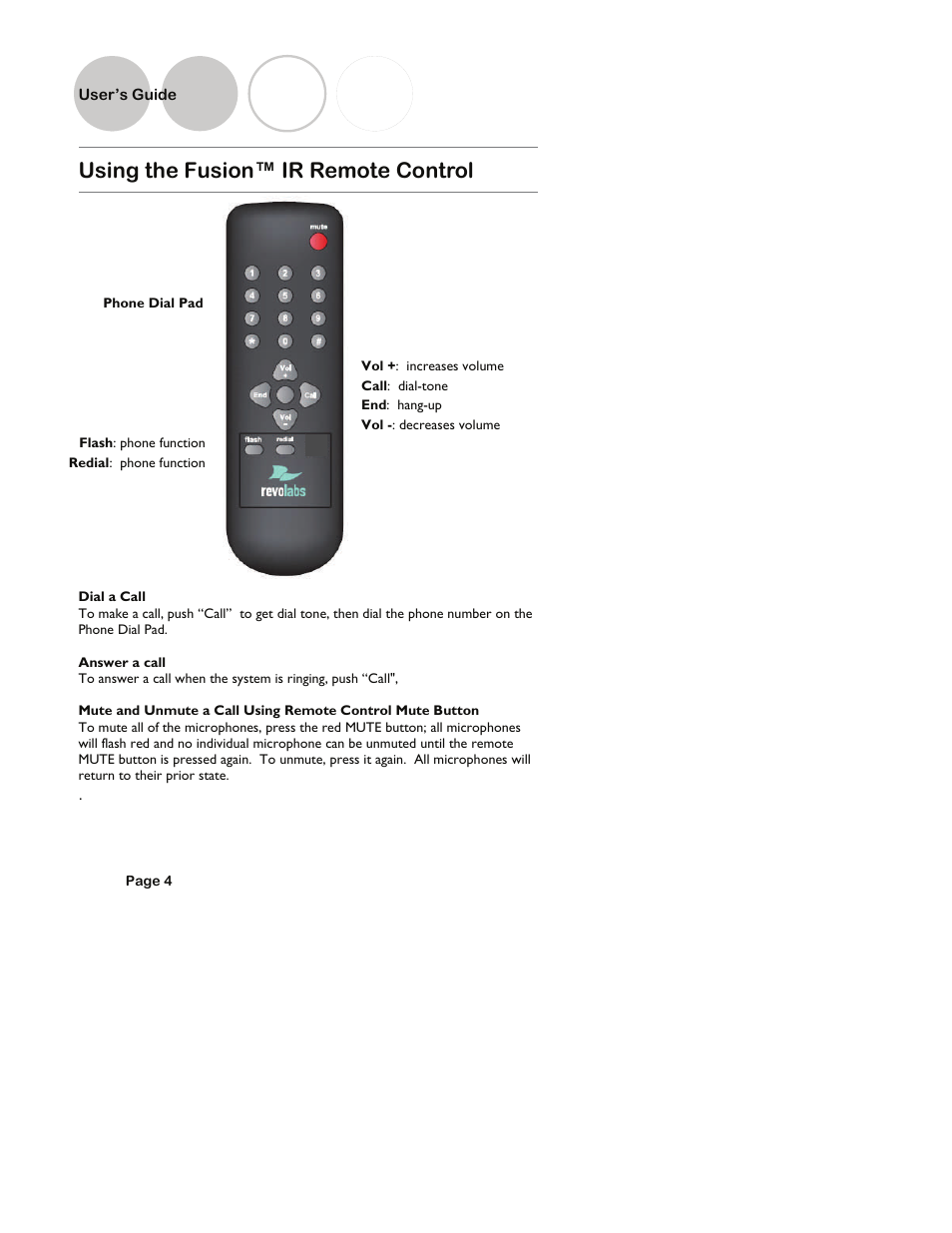 Using the fusion™ ir remote control, User’s guide | Revolabs Fusion User Guide User Manual | Page 4 / 15