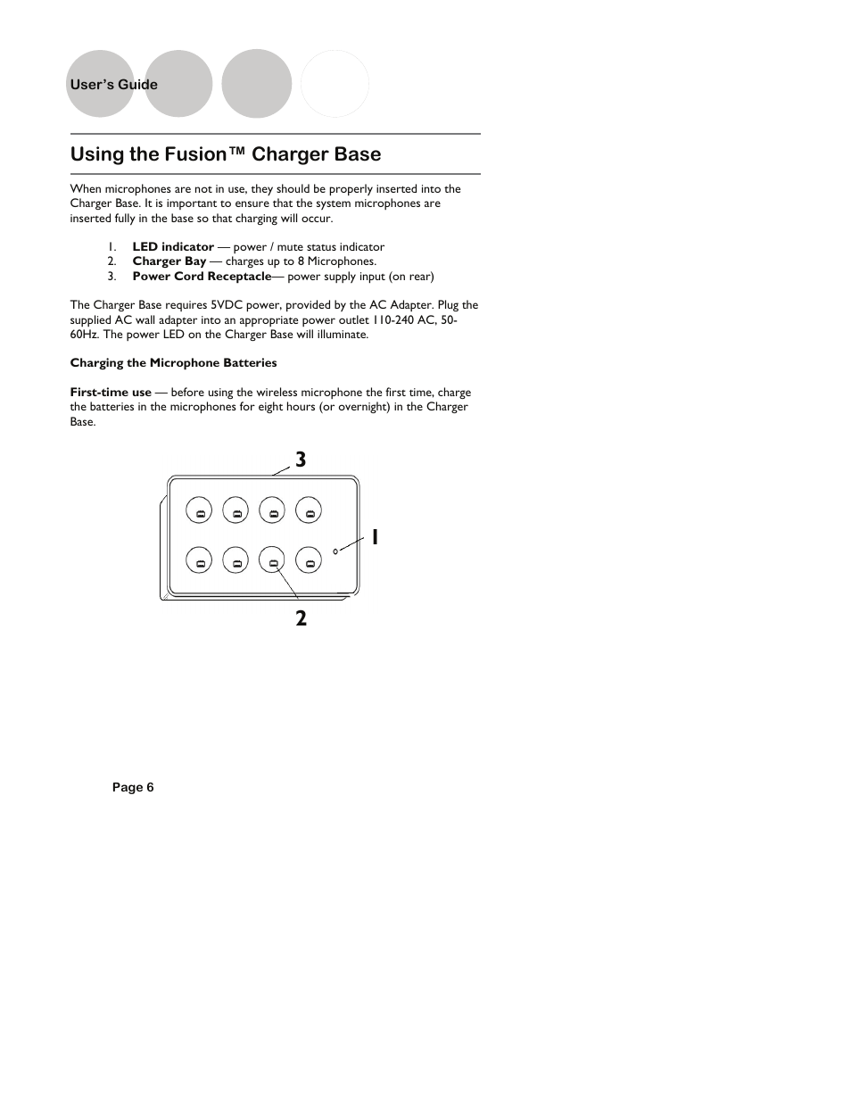User’s guide, Using the fusion™ charger base, Charging the microphone batteries | Revolabs Fusion User Guide User Manual | Page 6 / 15