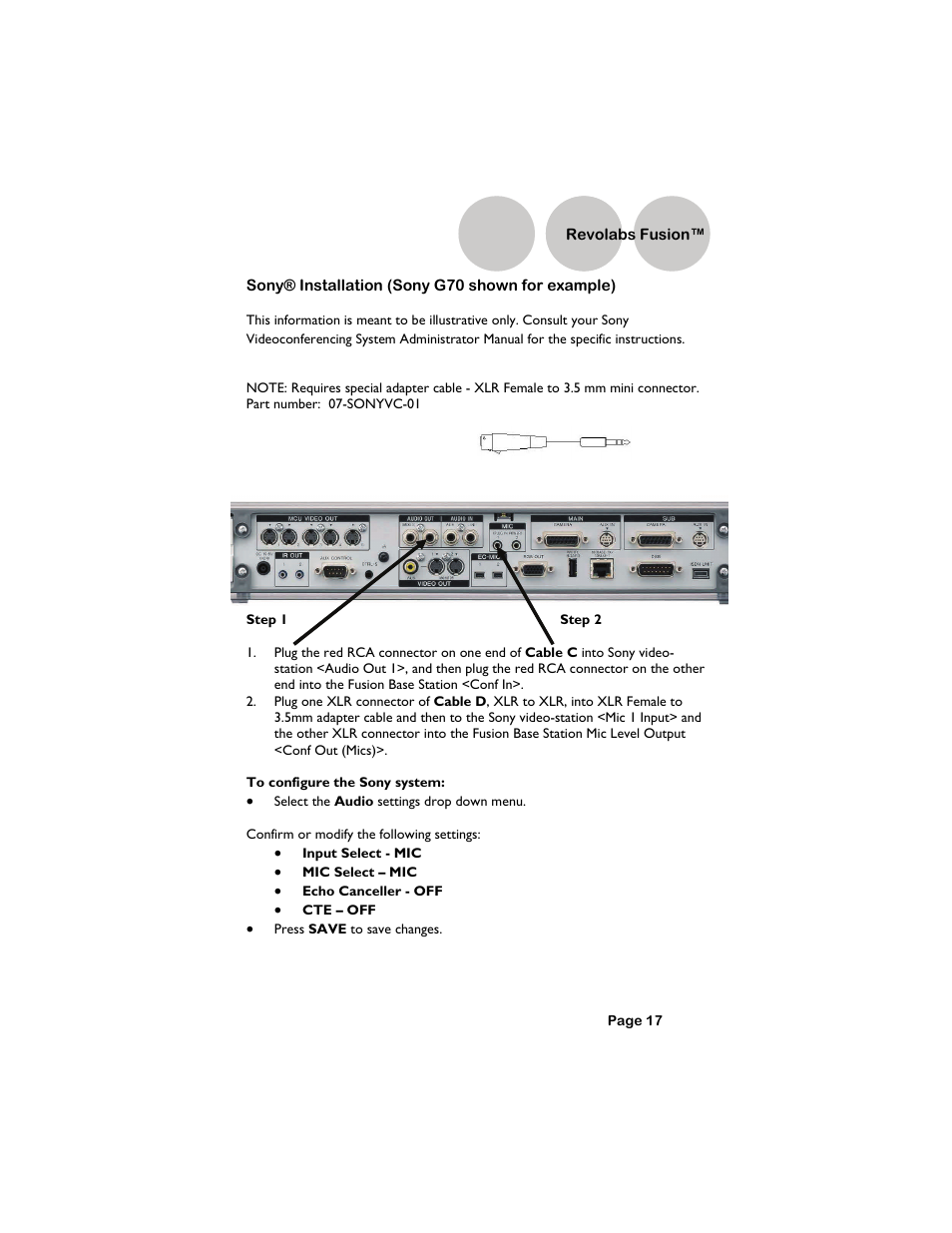 Sony® installation (sony g70 shown for example), Revolabs fusion | Revolabs Fusion Setup Guide User Manual | Page 17 / 32