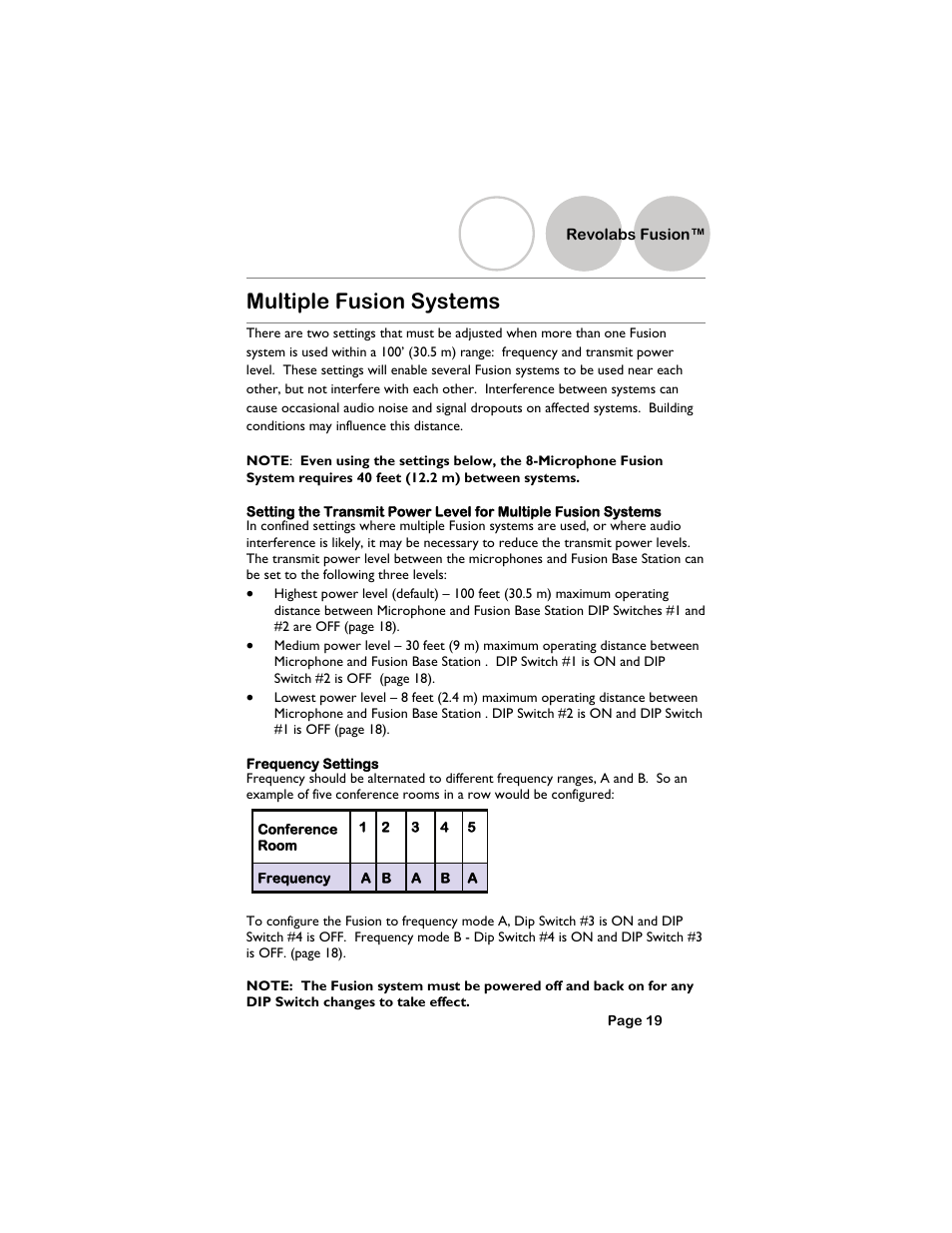 Multiple fusion systems, Frequency settings, Revolabs fusion | Revolabs Fusion Setup Guide User Manual | Page 19 / 32