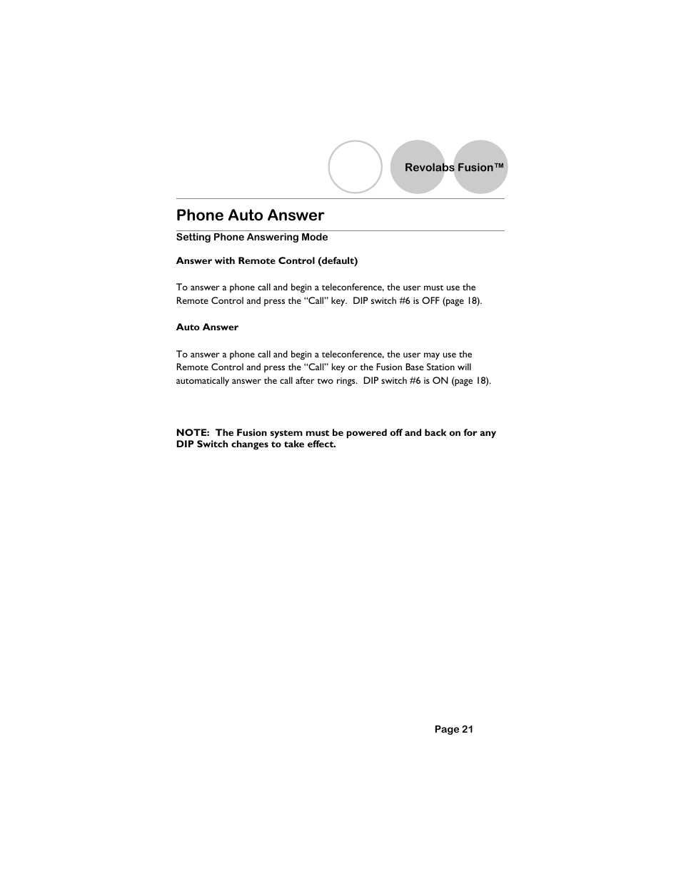 Phone auto answer, Setting phone answering mode, Revolabs fusion | Revolabs Fusion Setup Guide User Manual | Page 21 / 32