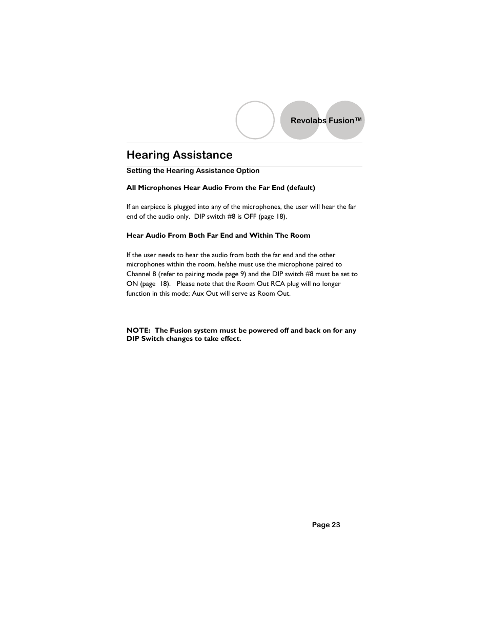 Hearing assistance, Setting the hearing assistance option, Revolabs fusion | Revolabs Fusion Setup Guide User Manual | Page 23 / 32