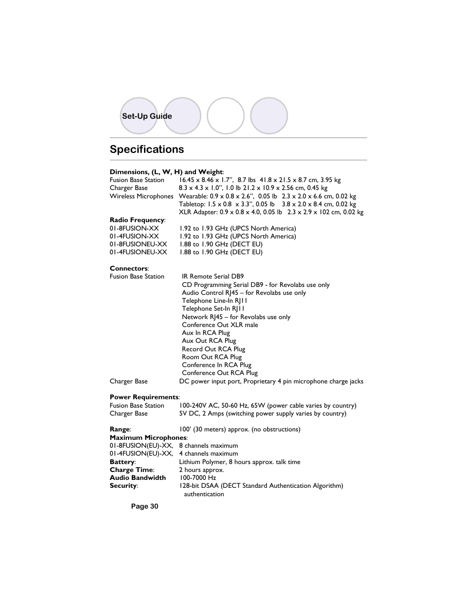 Specifications, Set-up guide | Revolabs Fusion Setup Guide User Manual | Page 30 / 32