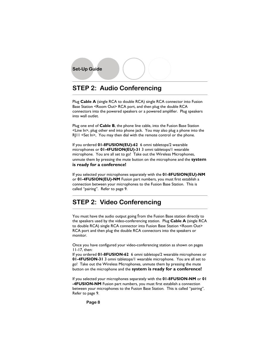 Set-up guide, Step 2: audio conferencing, Step 2: video conferencing | Revolabs Fusion Setup Guide User Manual | Page 8 / 32