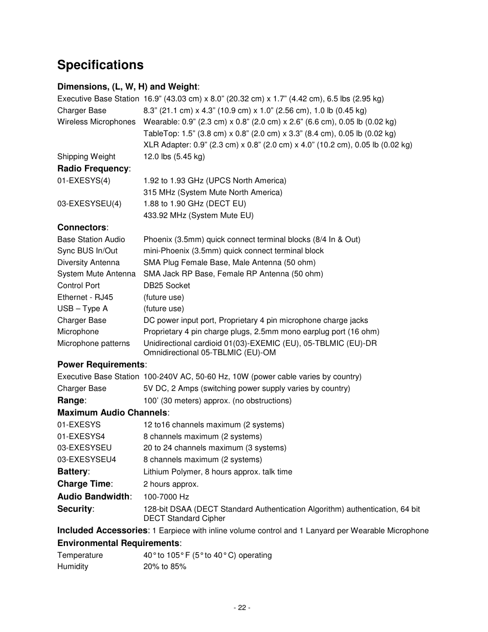 Specifications | Revolabs Solo Executive Operation Manual User Manual | Page 25 / 32