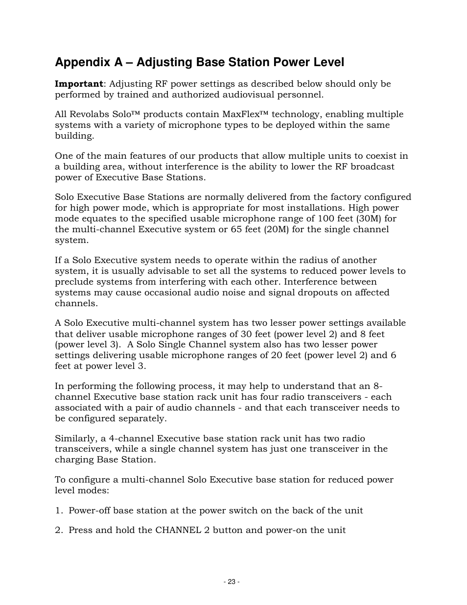 Appendix a – adjusting base station power level | Revolabs Solo Executive Operation Manual User Manual | Page 26 / 32
