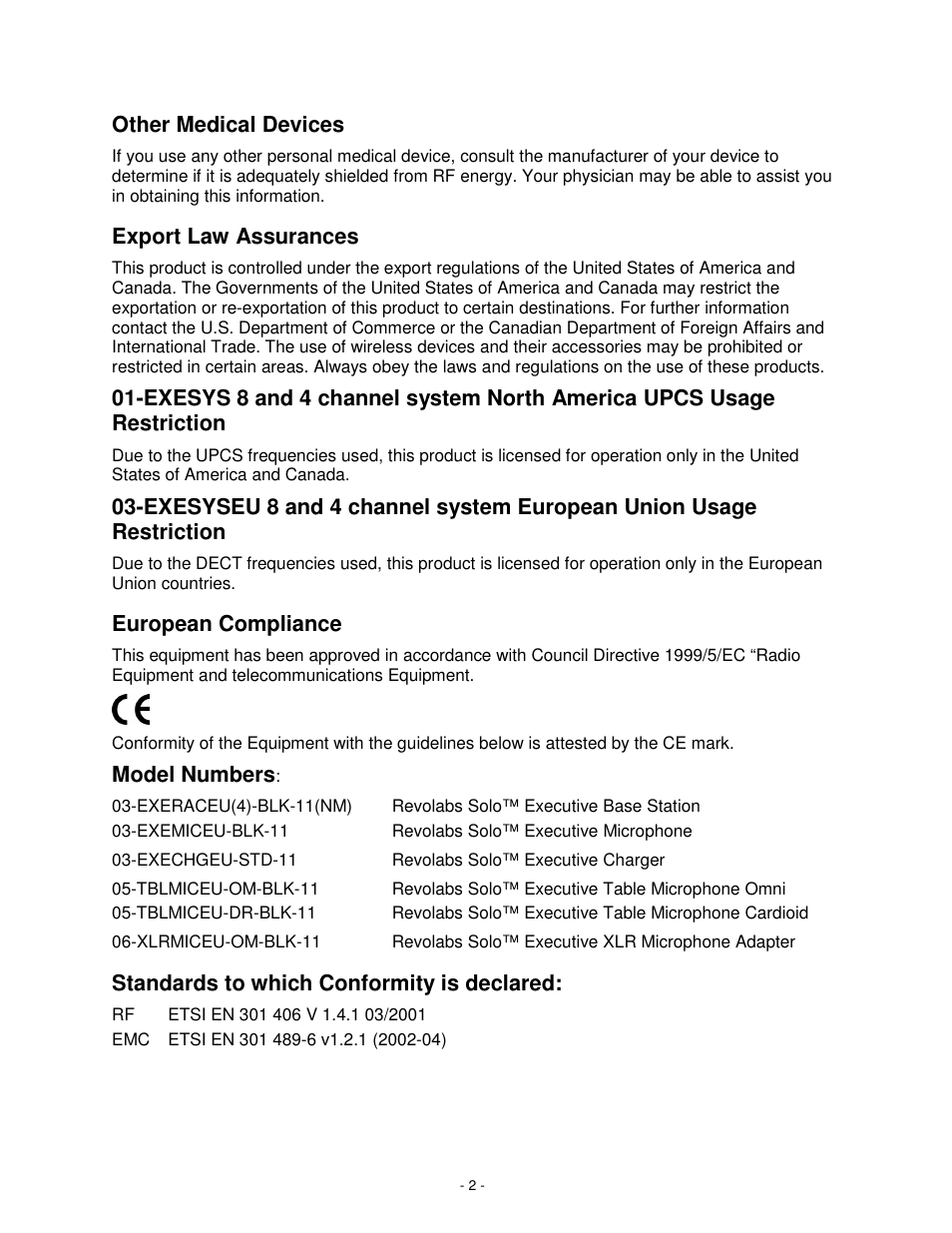 Other medical devices, Export law assurances, European compliance | Model numbers, Standards to which conformity is declared | Revolabs Solo Executive Operation Manual User Manual | Page 5 / 32