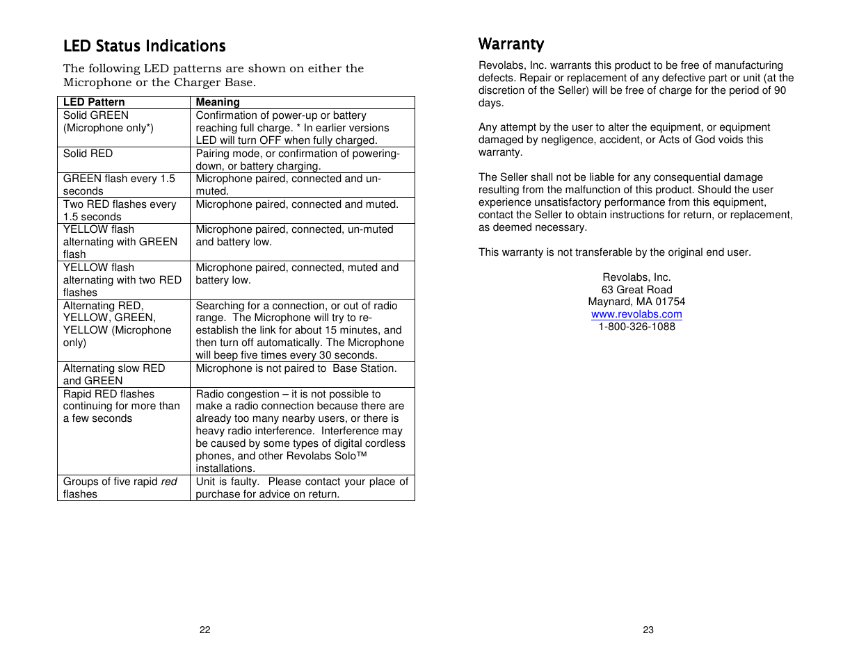 Led status indications, Warranty | Revolabs Solo Single Channel User Manual | Page 13 / 14