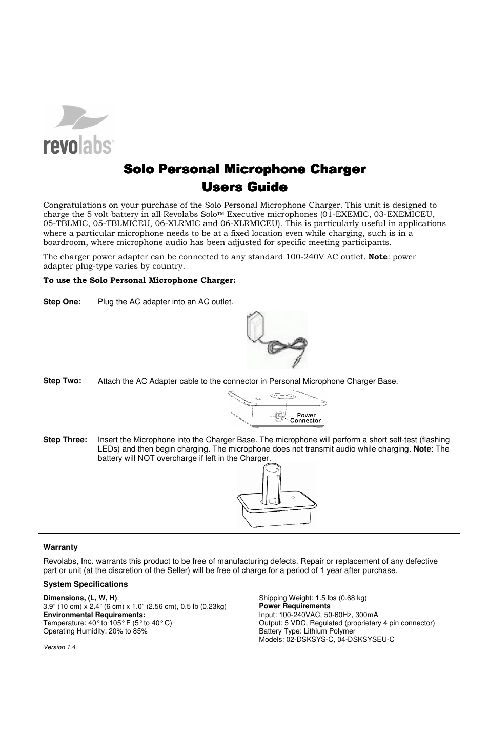 Revolabs Solo Personal Microphone Charger User Manual | 1 page