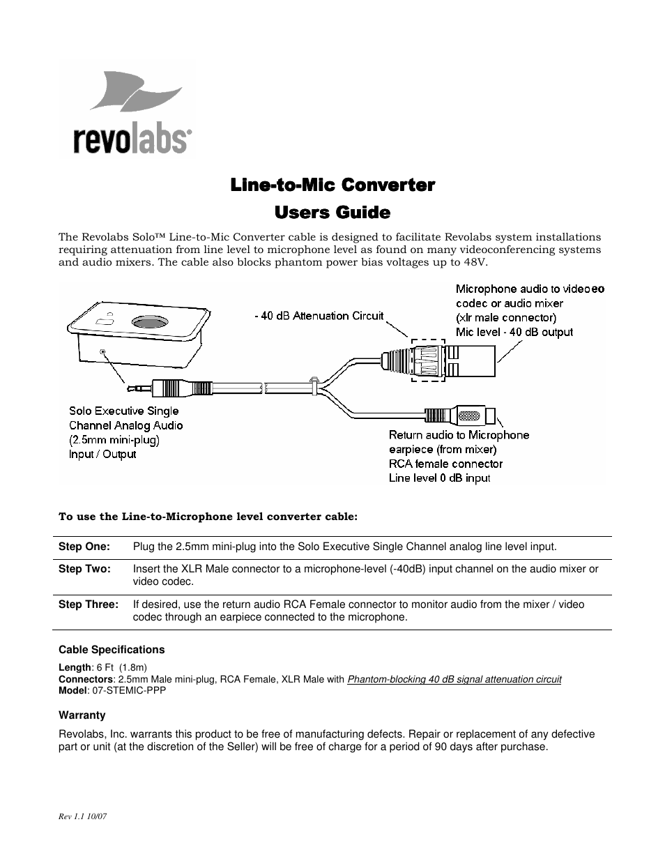 Revolabs Line-to-Mic Converter User Manual | 1 page