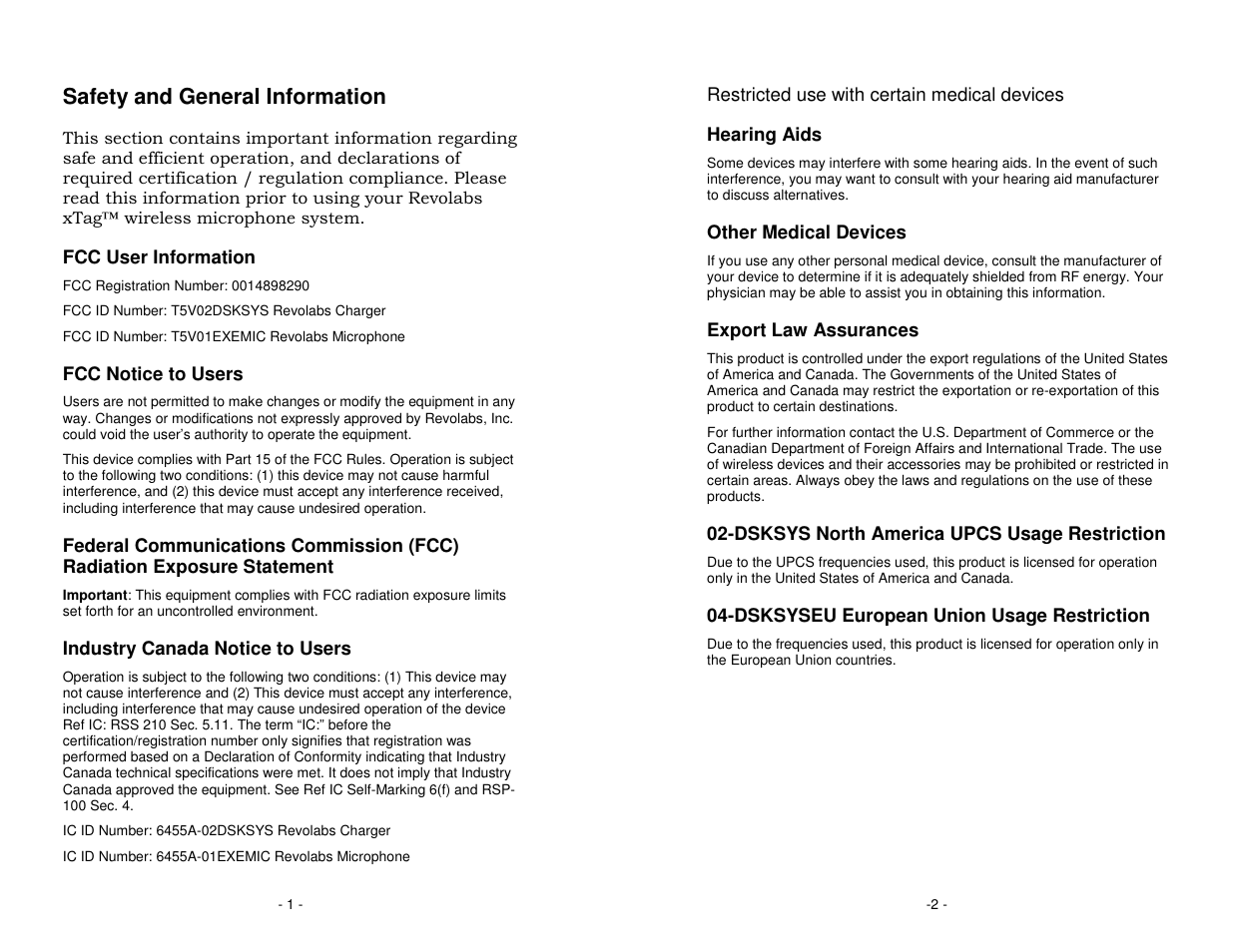 Safety and general information | Revolabs XTAG USB User Manual | Page 3 / 12