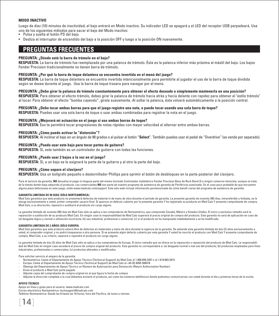 Preguntas frecuentes | Rock Band Wireless Fender Precision Bass Controller Rock Band 3-PlayStation-3 User Manual | Page 14 / 32