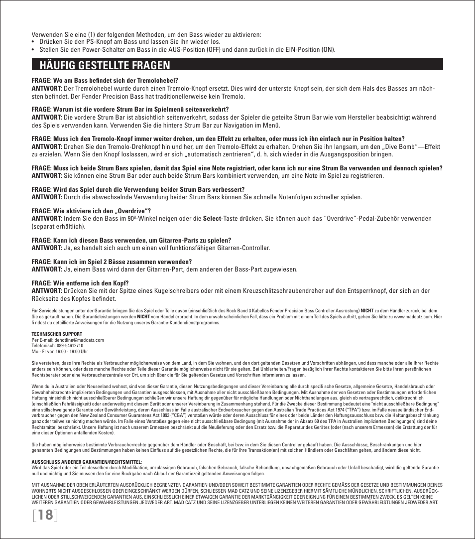 Häufig gestellte fragen | Rock Band Wireless Fender Precision Bass Controller Rock Band 3-PlayStation-3 User Manual | Page 18 / 32