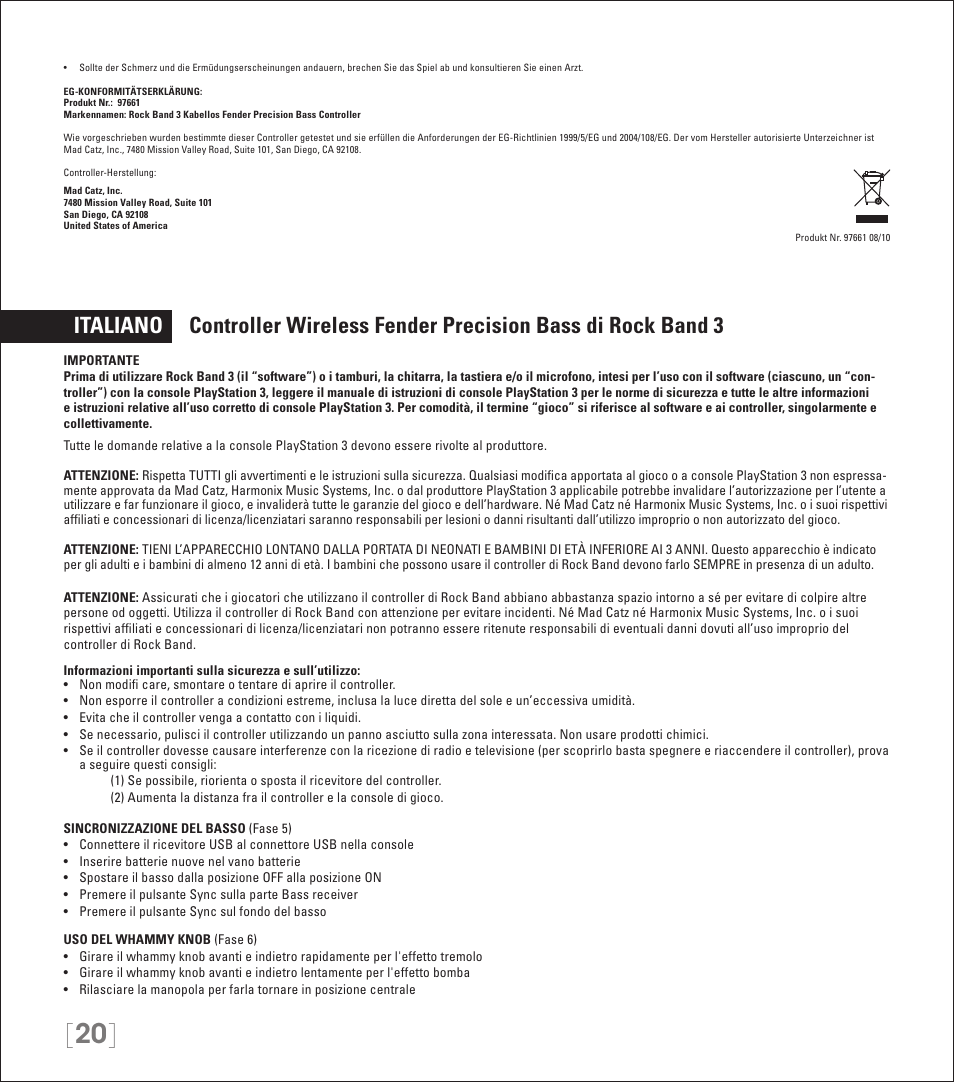 Rock Band Wireless Fender Precision Bass Controller Rock Band 3-PlayStation-3 User Manual | Page 20 / 32
