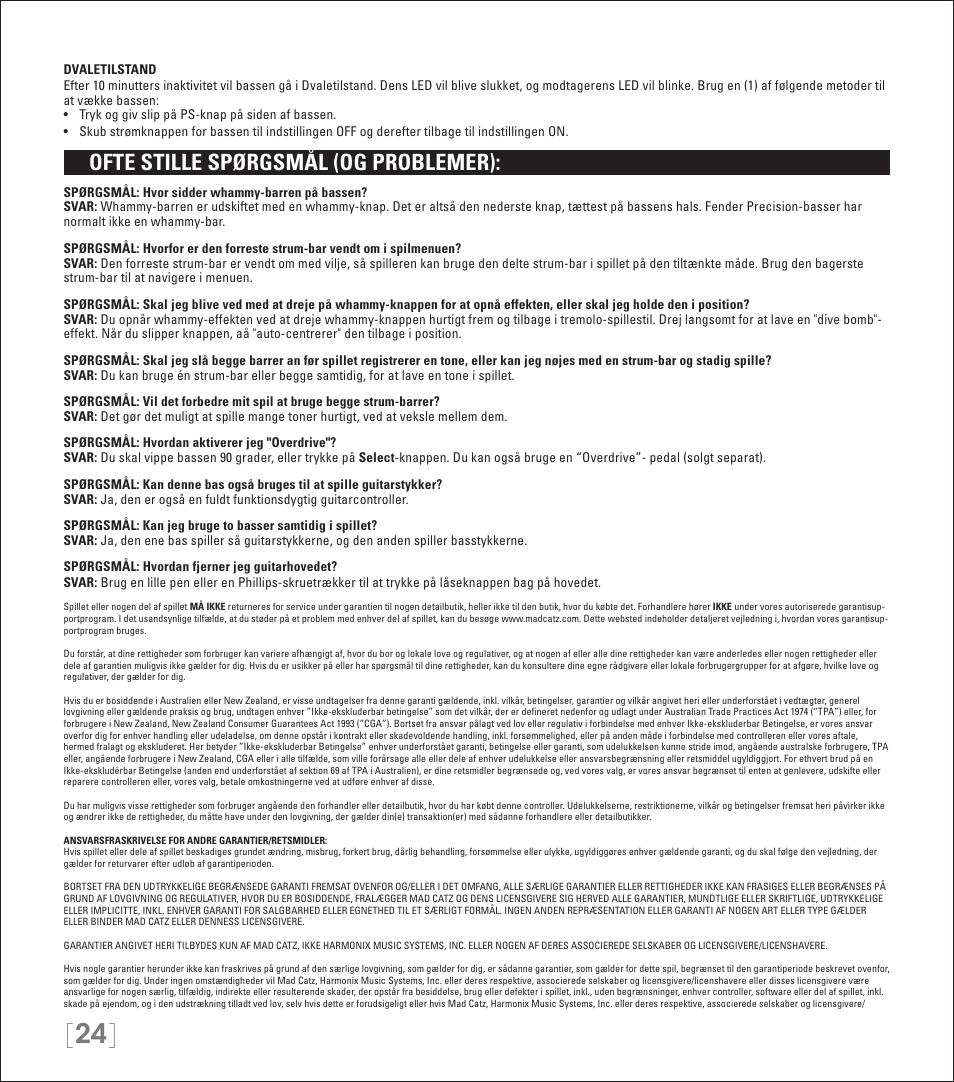 Ofte stille spørgsmål (og problemer) | Rock Band Wireless Fender Precision Bass Controller Rock Band 3-PlayStation-3 User Manual | Page 24 / 32