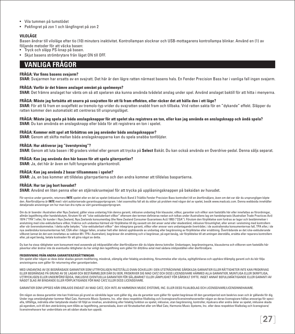 Vanliga frågor | Rock Band Wireless Fender Precision Bass Controller Rock Band 3-PlayStation-3 User Manual | Page 27 / 32