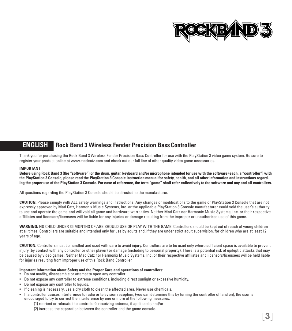 English, Rock band 3 wireless fender precision bass, Controller | Rock Band Wireless Fender Precision Bass Controller Rock Band 3-PlayStation-3 User Manual | Page 3 / 32