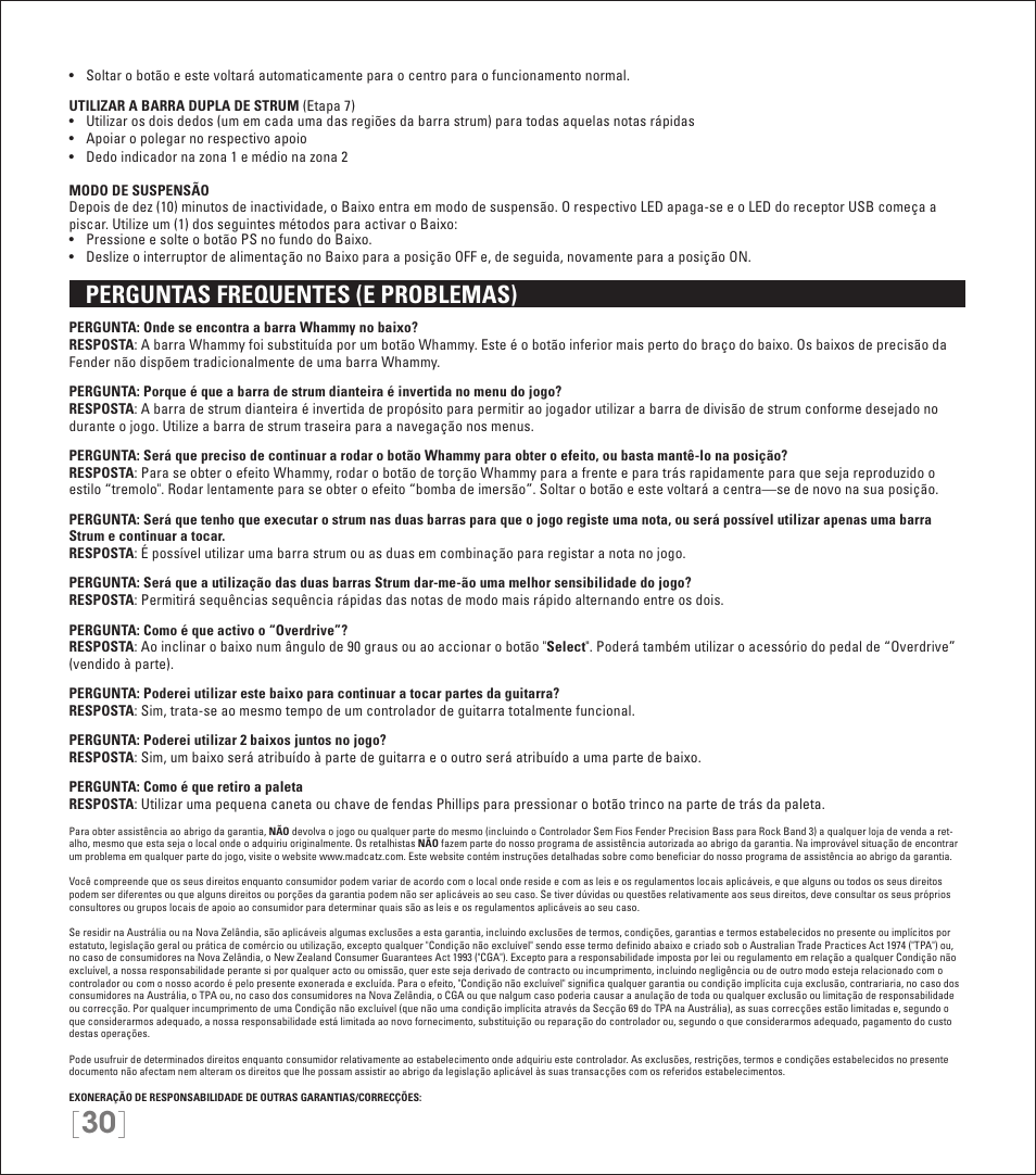 Perguntas frequentes (e problemas) | Rock Band Wireless Fender Precision Bass Controller Rock Band 3-PlayStation-3 User Manual | Page 30 / 32