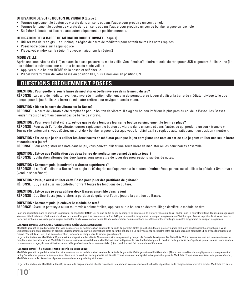 Questions fréquemment posées | Rock Band Wireless Fender Precision Bass Controller Rock Band 3-Nintendo Wii User Manual | Page 10 / 32