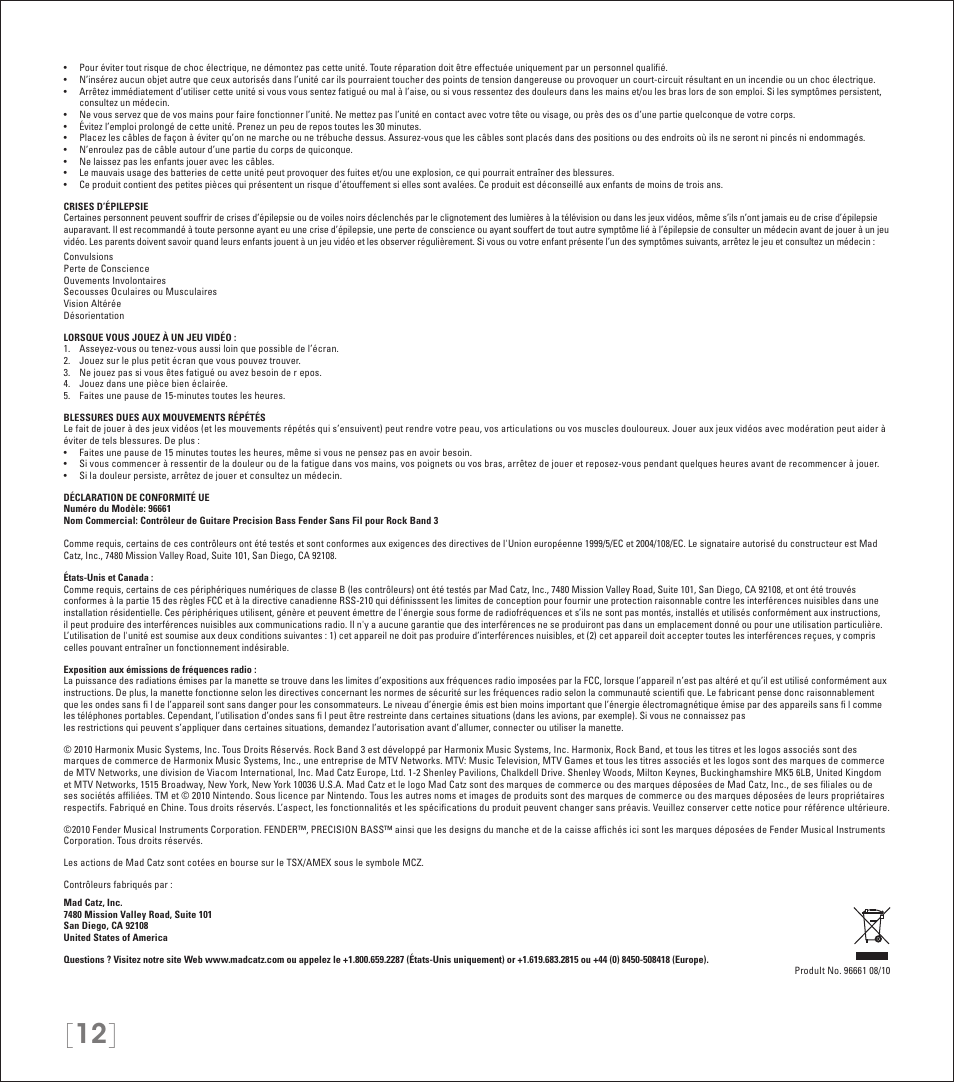 Rock Band Wireless Fender Precision Bass Controller Rock Band 3-Nintendo Wii User Manual | Page 12 / 32